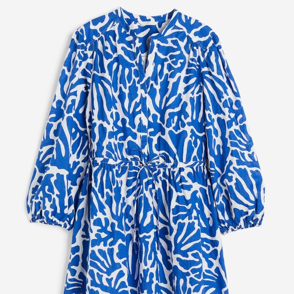 NWT H&M Bright Blue Pattern Linen Blend Short Dress Size: Medium - Picture 2 of 12